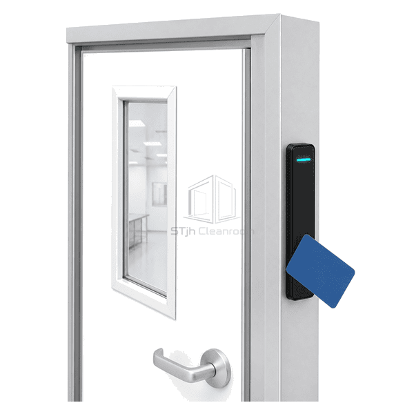 Slim card reader installed on a cleanroom door mullion