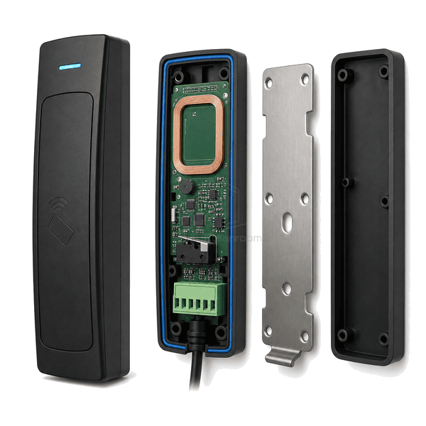 Opened RFID reader showing copper antenna board and gasket