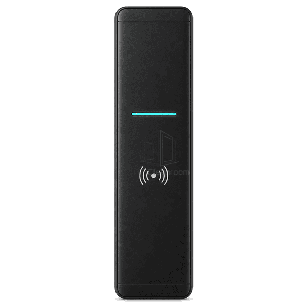 Front view of a narrow black access control card reader