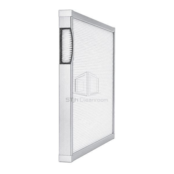 Narrow side view revealing the shallow aluminium frame and mini-pleat pack