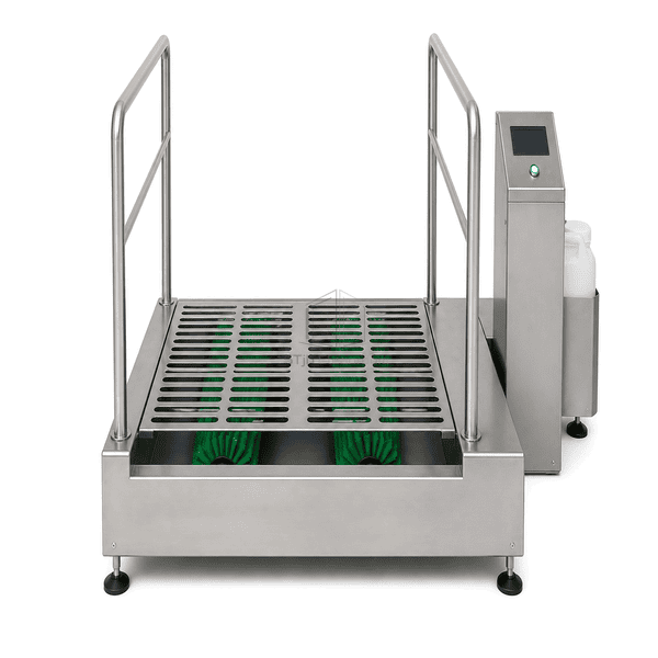 Complete sole cleaning and disinfection machine along the walk-through direction