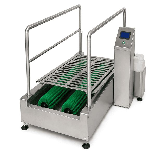 Sole cleaning machine with lifted grid exposing twin brushes and drain channel