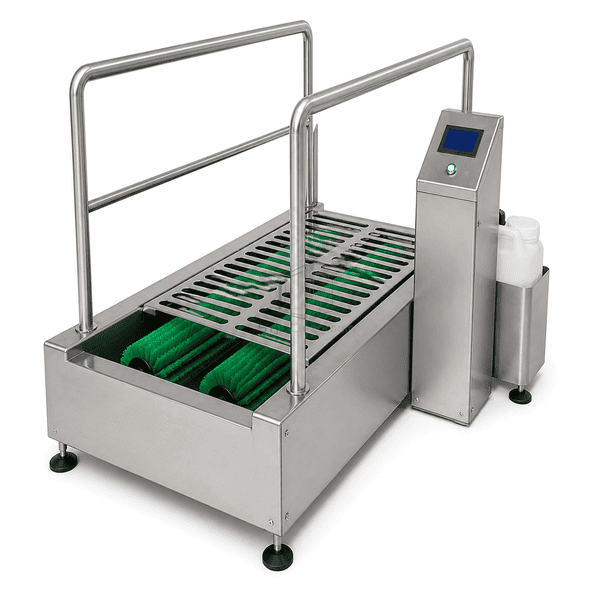 Sole cleaning machine side view showing basin depth, rails and dosing pedestal