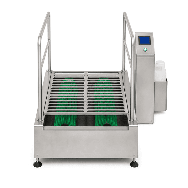 Sole cleaning machine front view showing two brushes beneath the slotted grid
