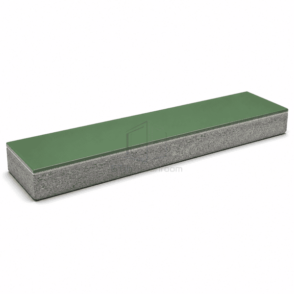 Long horizontal section of green high-build epoxy flooring on concrete