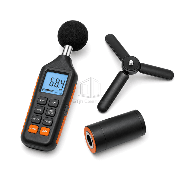 Sound level meter horizontal full view with complete windscreen microphone, acoustic calibrator and deployed mini tripod
