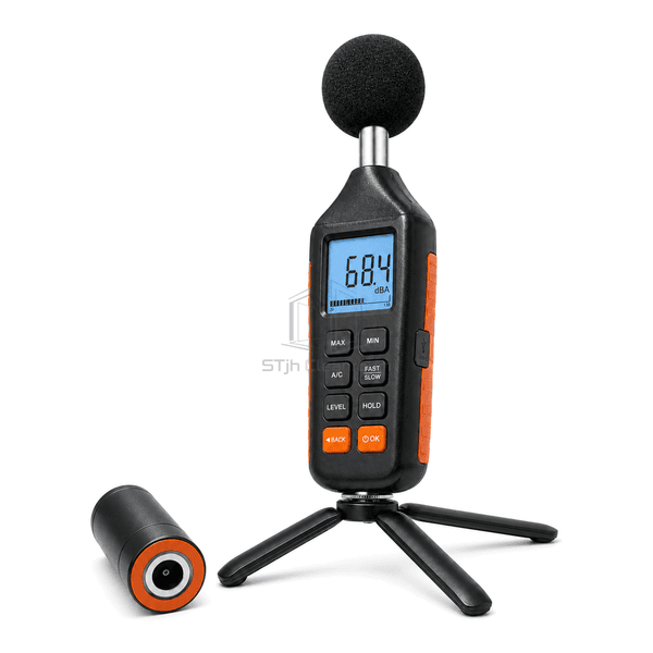 Sound level meter calibration-interface view showing foam windscreen, microphone coupling, calibrator cavity and tripod mount