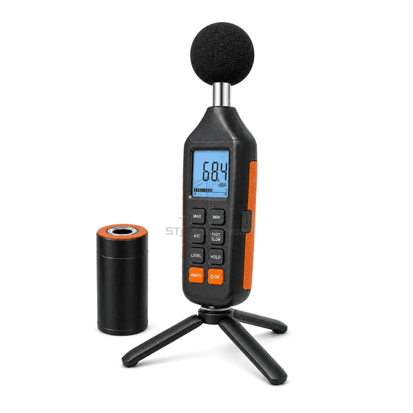 Sound level meter right-side view showing orange grip, microphone preamplifier, covered data port and calibrator