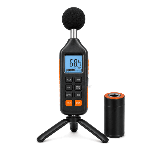 Sound level meter front view showing backlit dBA display, eight-button keypad, single microphone and three-leg tripod