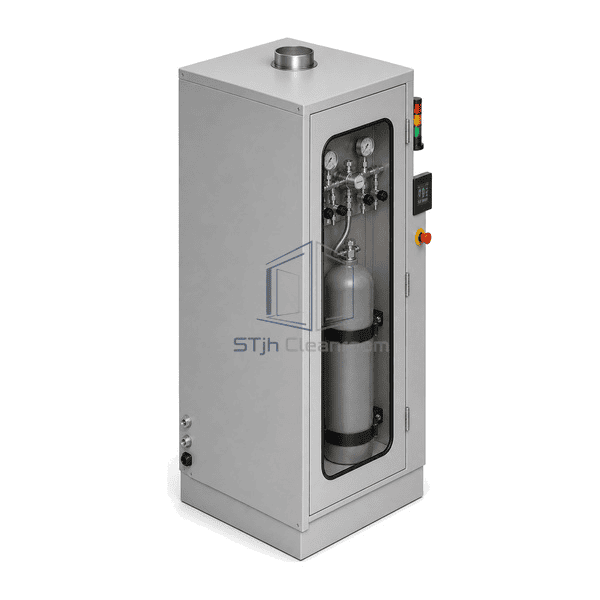 Specialty gas cabinet elevated left-side view showing the top exhaust collar, cabinet depth and separated purge, process and electrical connections