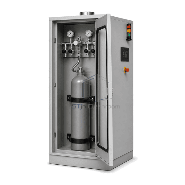Complete specialty gas cabinet low interface view emphasizing the cylinder valve, flexible UHP pigtail, restraint and manifold inlet connection