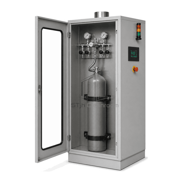 Complete specialty gas cabinet side service view with the door open to reveal the 316L pressure-control and purge manifold above one cylinder