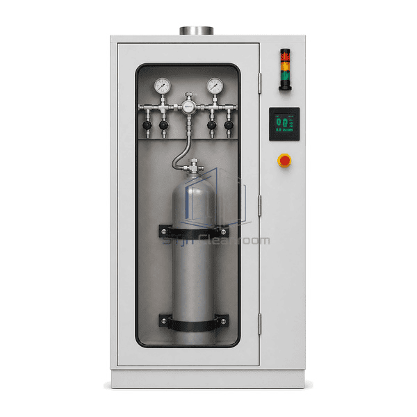 Specialty gas cabinet upright front view showing the closed access door, observation window, HMI, emergency stop and secured cylinder