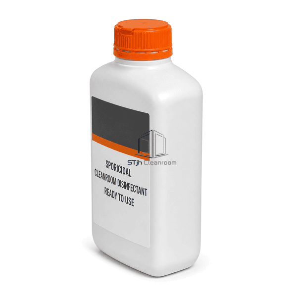 Sporicidal disinfectant bottle strong side view showing rounded wall and base depth