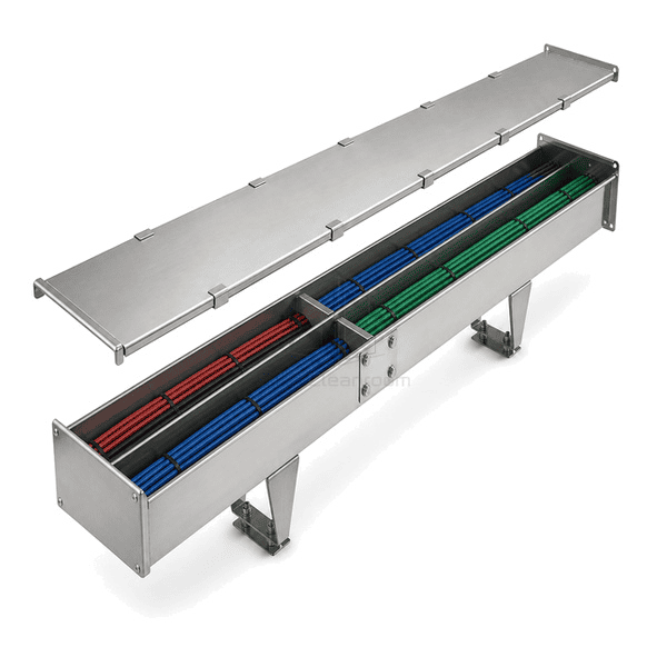 Top-oblique view of cables inside a divided stainless tray