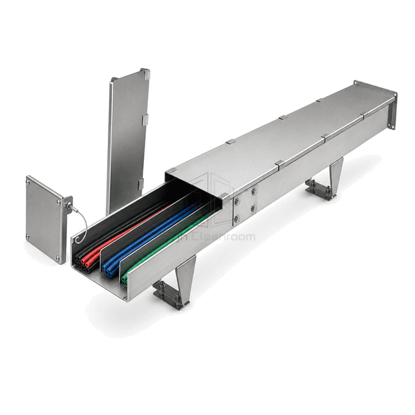 End view of the stainless tray, rolled edges and fitted cover