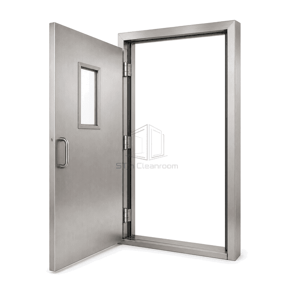 Fully open stainless steel cleanroom door and wrap-around frame