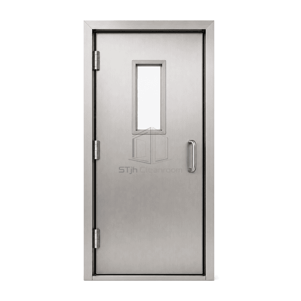 Front elevation of a stainless steel hygienic cleanroom doorset