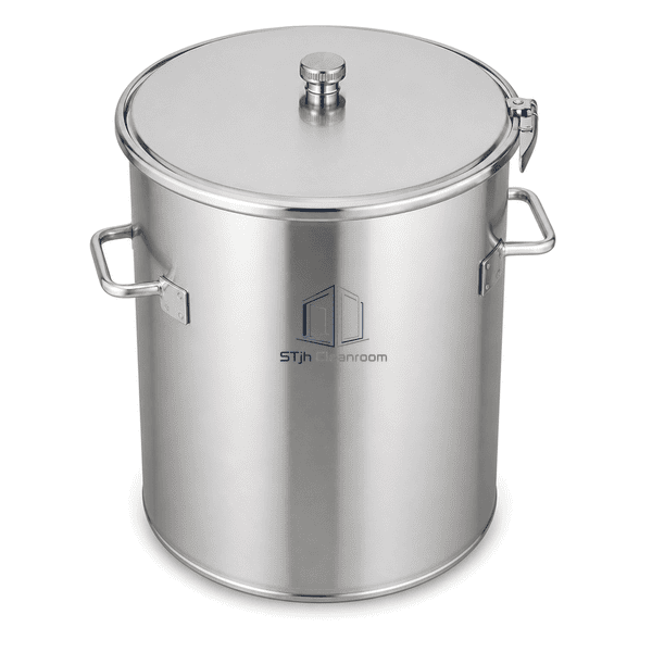 Stainless cleanroom drum in elevated opposite-corner view showing lid and vent cap