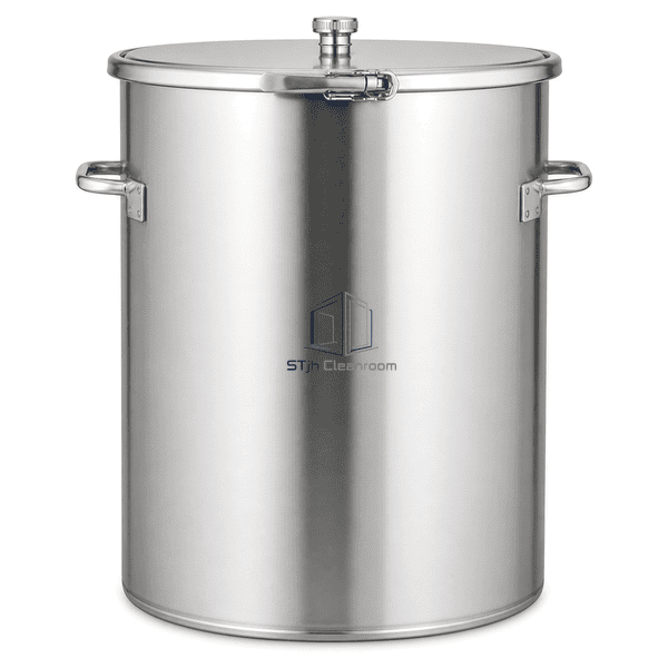 Stainless cleanroom drum in straight front view showing latch and twin handles