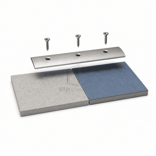 Exploded stainless floor cover-strip assembly with three countersunk screws above flooring coupons