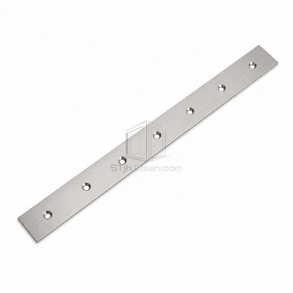 Top view of a complete satin stainless steel cleanroom floor cover strip