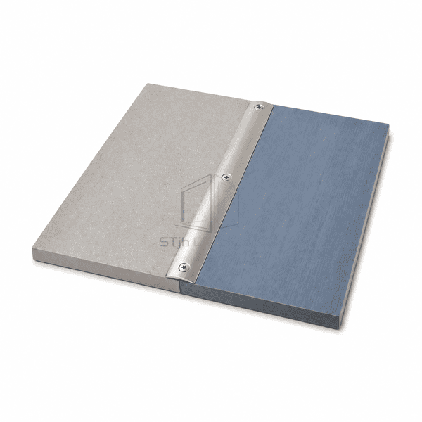 Stainless floor cover strip bridging a complete grey resin to blue vinyl transition sample