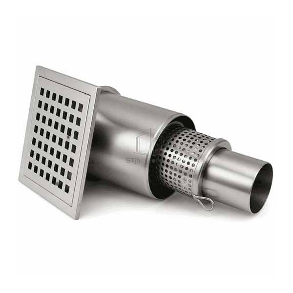 Horizontal presentation of the complete stainless cleanroom drain assembly