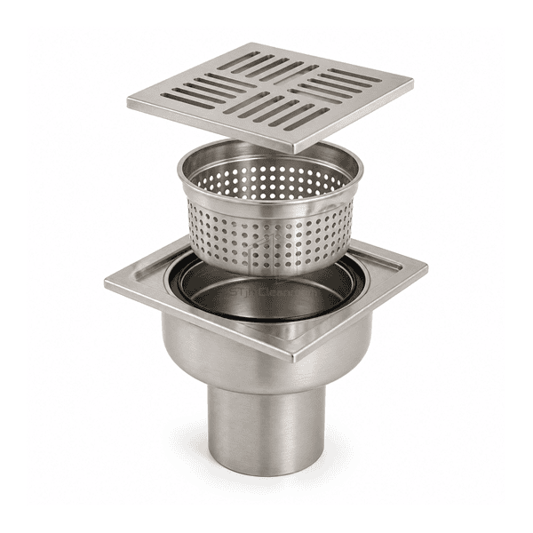 Complete cleanroom floor drain showing the removable basket and trap interface
