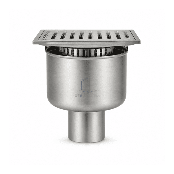 Side view of the stainless cleanroom floor drain showing the outlet body