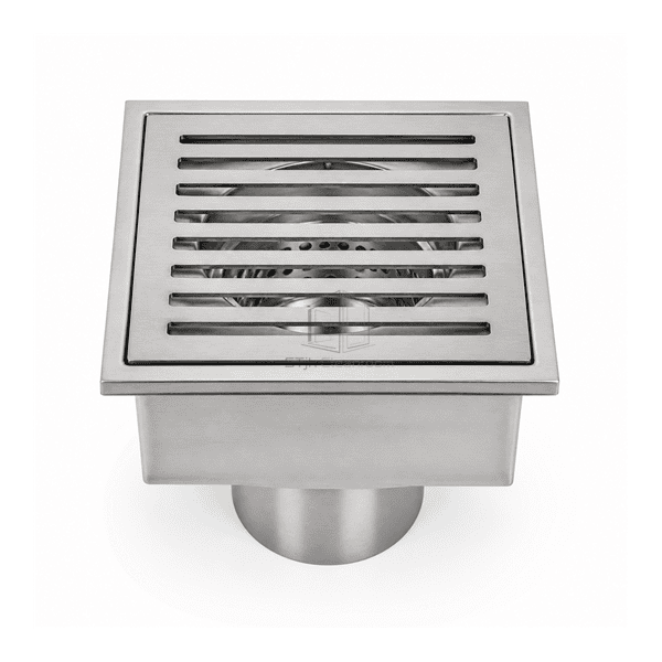 Front top view of the cleanroom floor drain showing its removable square grate