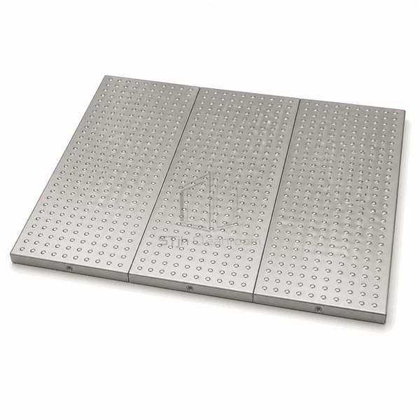 Three stainless steel cleanroom floor plates joined as a complete installation sample