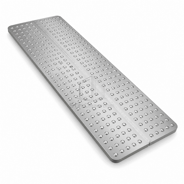 Twin stainless steel floor plates showing a welded seam and formed edges