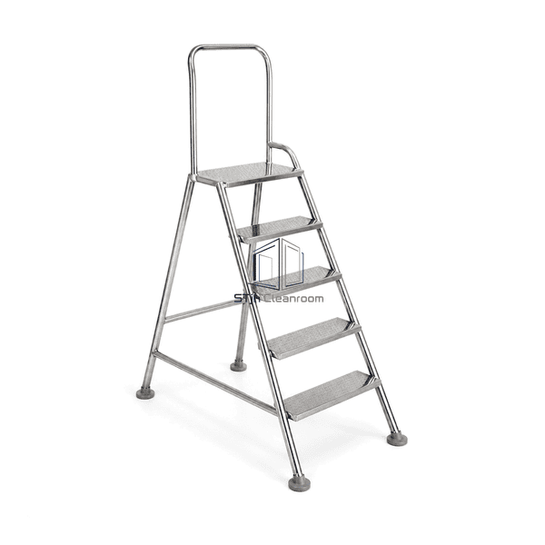 Complete stainless cleanroom ladder in opposite-corner perspective