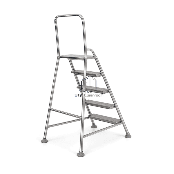Cleanroom ladder rear structural view showing welded braces and tread supports