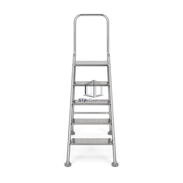 Stainless cleanroom ladder straight front view showing perforated treads