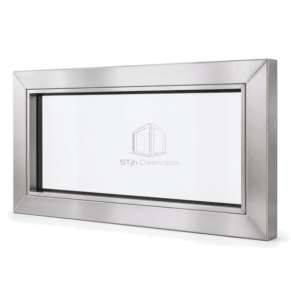 Complete stainless cleanroom window in a modular wall opening