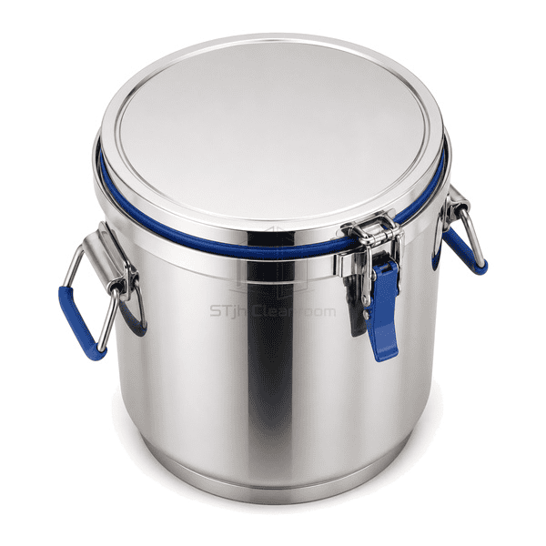 Elevated view of stainless container lid and over-center clip band