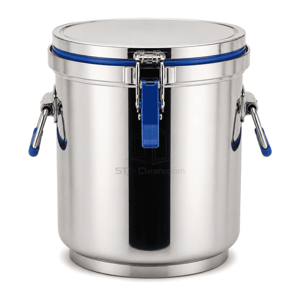 Front view of cylindrical stainless cleanroom container folding handles and clamp