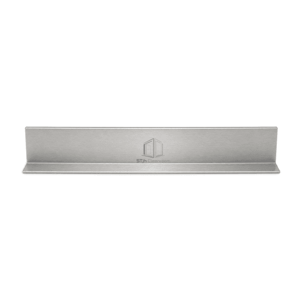 Complete horizontal view of a hole-free stainless steel corner guard on a white background
