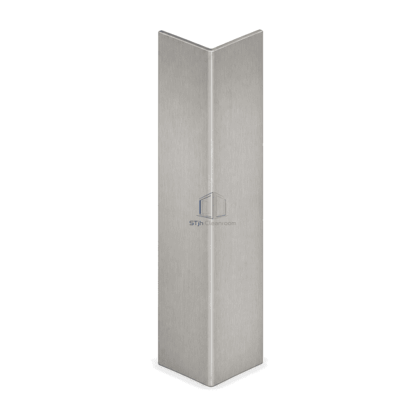 Upright front view of a brushed stainless steel cleanroom corner guard with a 90-degree bend