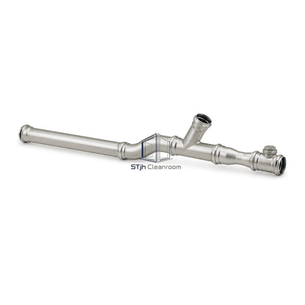 Horizontal arrangement of stainless drain tube with bends branch and reducer fittings
