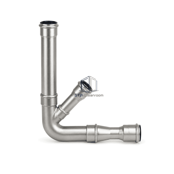 Side profile of stainless cleanroom drain piping showing thin-wall tubes and formed fittings