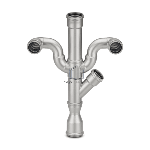 Front view of stainless drain pipe sockets and spigots in a complete fitting set