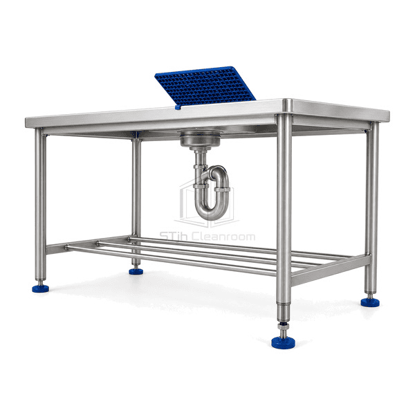 Drain table connection showing lifted blue screen basket waste trap and adjustable leg