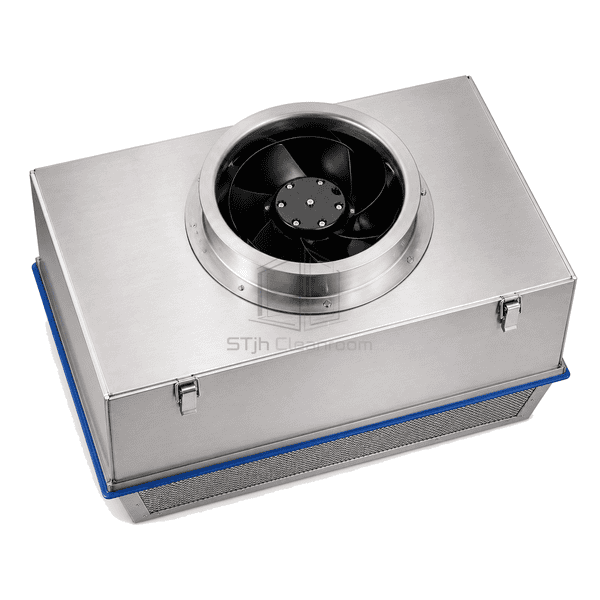 Top-down view of the stainless steel fan filter unit blower ring, latches and welded housing