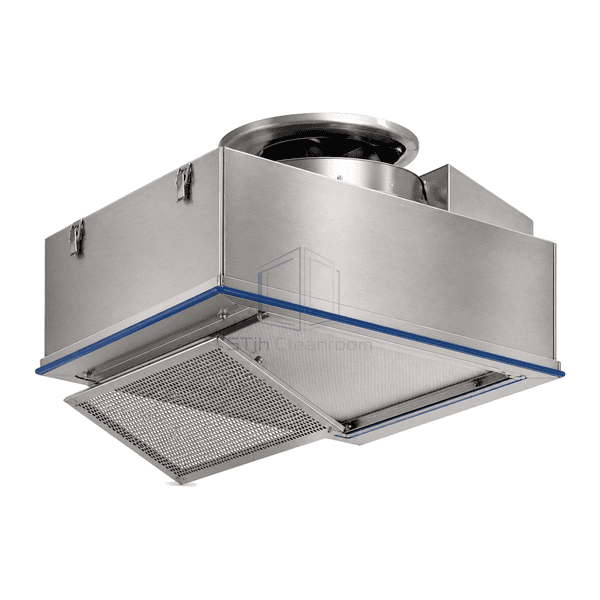 Complete stainless FFU showing hygienic welded corner, silicone gasket and room-side filter seal