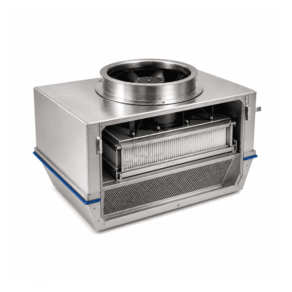 Open side view of the stainless FFU showing fan, sealed plenum and final filter pack