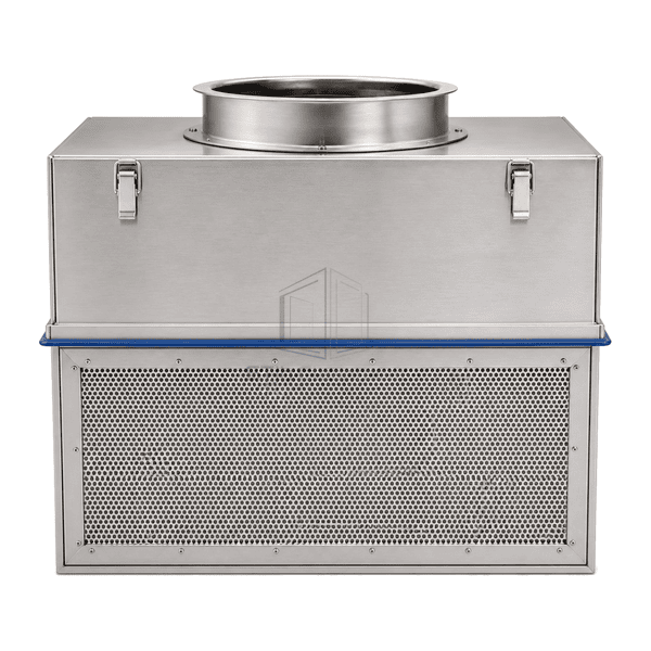 Upright front view of the stainless steel FFU diffuser, welded casing and silicone gasket