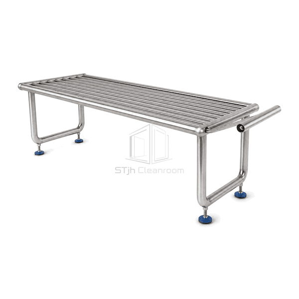 Stainless gowning bench connection showing welded rod rail and threaded cleanroom glide